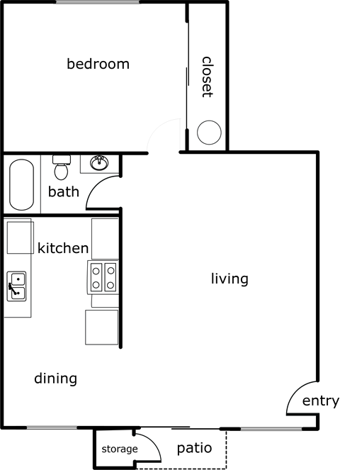 Floor plan for 1 bed, 1 bath, 650 sqft